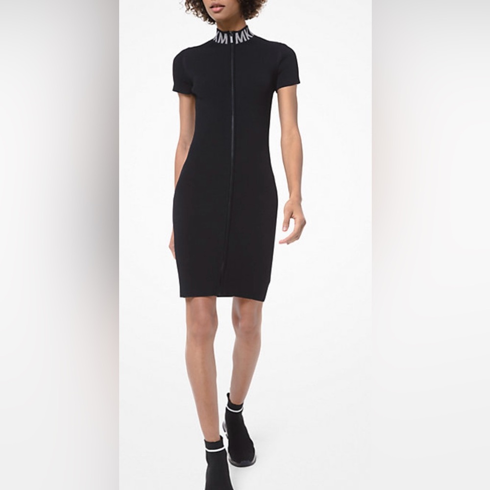 Michael Kors, BLUE Ribbed Stretch-Viscose Zip-Front Dress. Size L